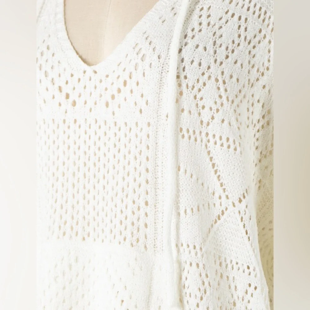 Ivory Crochet Multi Knit Pattern Hoodie With Pocket - Picture 4 of 4